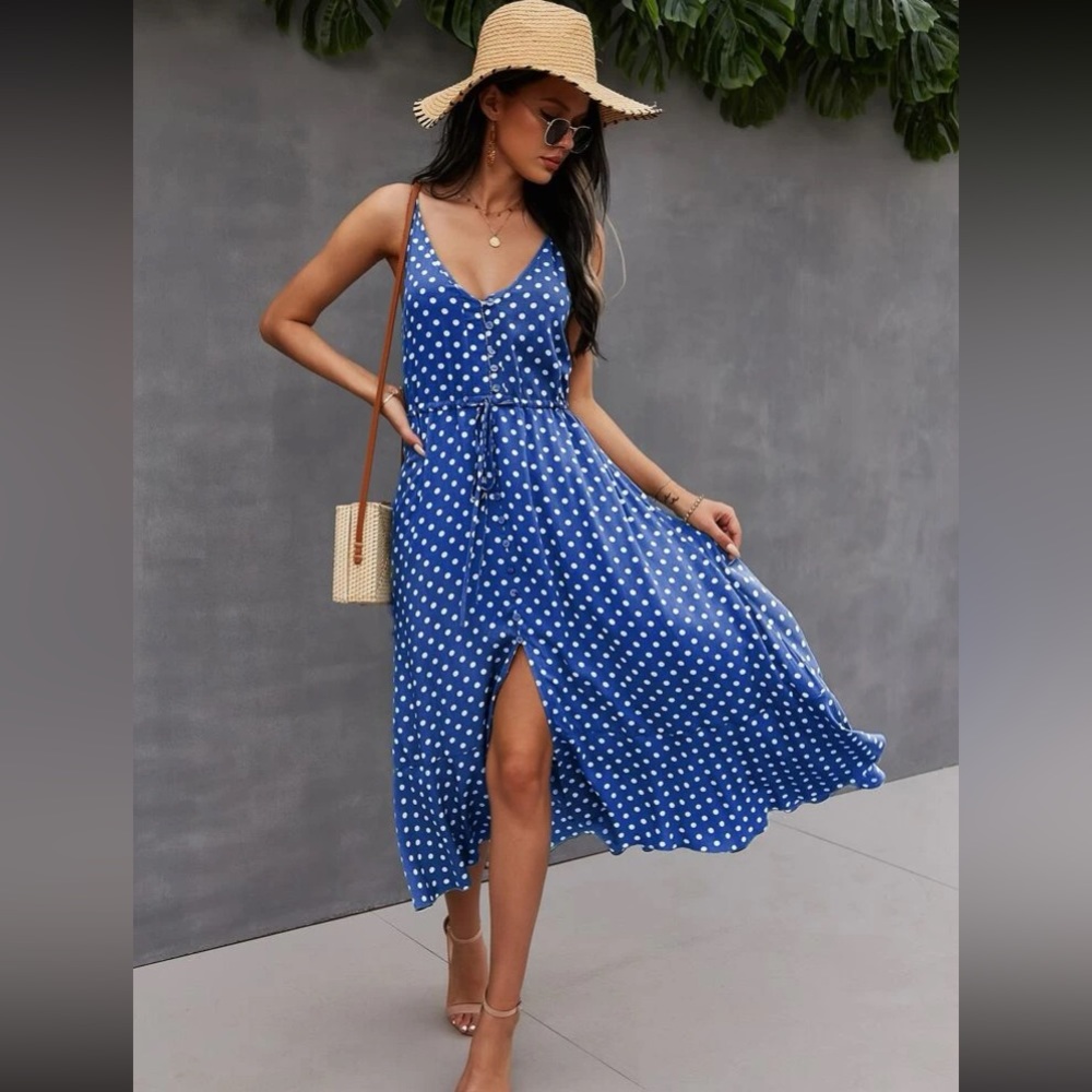 Boho polka dots print button detail drawstring waist cami dress - Picture 13 of 16
